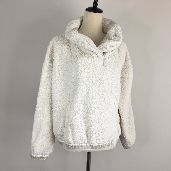ATHLETA Ivory Asym Zip Collar Satin Trim Fur Fluffy Pullover Jacket - Picture 1 of 12